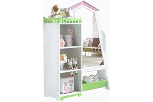 WODENY Kids Wardrobe Bedroom Furniture | Child Wooden storage Units with Mirror | Children Storage Cabinet Organizer Cupboard (White)