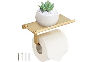 MEGAVOW Porte Papier Toilette Mural, Dérouleur Support Papier Rouleau Toilette en Acier Inox, avec Etagère Spacieuses de Téléphone, pour Salle de Bain WC, Or