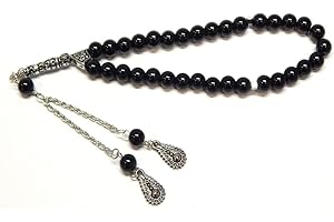 Perlin Gebetskette Tesbih Tasbih Tespih Misbaha Subha 33, 23cm, Muslimisches Islamic Rosenkranz Prayer Anbetungszubehör Halbedelstein Poliert Onyx Schwarz Perlen Rund 8mm