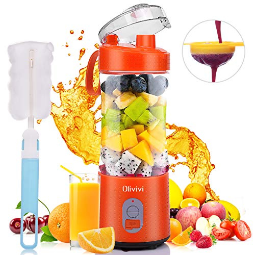 Olivivi Mélangeur Portable Electrique De Jus de Fruits Pile Rechargeable USB Mixeur Mini Personnel de 6 Lames en Acier Inoxydable sans BPA Presse-agrumes Orange 380 ml pour Milk-shake Smoothie
