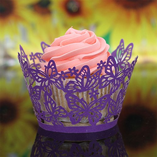 50 Laser geschnitten Schmetterling Cupcake Topper Muffin Papier Cup Cake weddi… Violett - 5