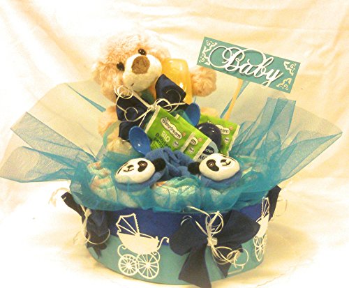 Windeltorte - Pamperstorte mit Pflegeprodukte, Tee, Kuschelteddy, Rasselsöckchen und Trinkflasche, Tolles Geschenk zur Geburt