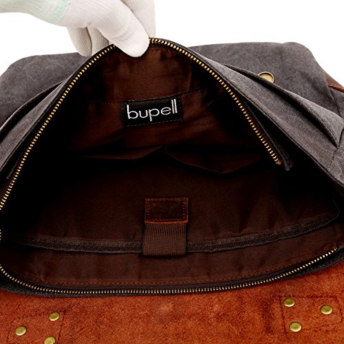 bupell Umhängetasche für Laptop und Akten aus echtem Büffel-Leder und Canvas – Für Notebooks bis 14″ – Unisex Vintage Messenger Bag, Aktentasche, Schultertasche, Notebooktasche – - 4