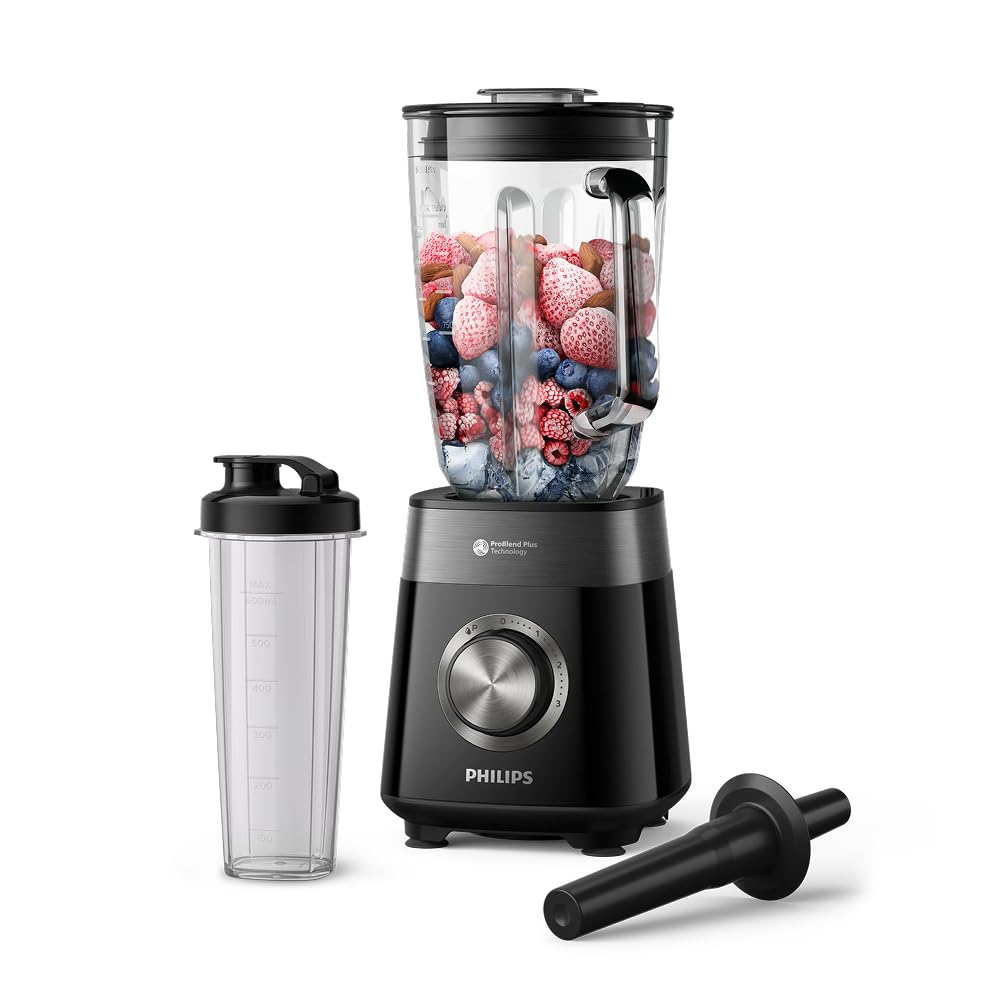 Philips Blender Series 5000 - Güç 1200W, Cam Hazne, 2L Toplam Kapasite, 3 Hız + Pulse, Karıştırma ve Yanınızda Götürme İçin Şişe Dahil, Kolay Temizlik, Siyah (HR3031/00)
