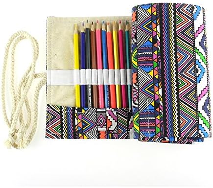 YINGKARUN Design 72 Holes Canvas Color Pencil Wrap,Roll Case for Pencils, Travel Organizer Pouch for Artist, (No Pencils Included)Ethnic Style