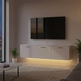 ARUAT LED Işıklı Duvar Tipi TV &Uuml;nitesi, Modern Tasarım, Beyaz Renk, 3 Kapaklı B&ouml;lmeli (180x30x30)