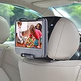 La correa elástica ajustable permite el montaje fácil de su reproductor de DVD portátil modelo pantalla giratoria en la mayoría de los reposacabezas del coche.