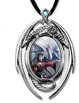 Mädchen mit Drachen Anhänger Amulett Cabochon mit Halsband Drachenanhänger Schmucksäckchen und Karte 12