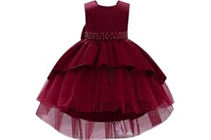 IWEMEK Enfant Bébé Fille De Fleur sans Manches Hi-lo Plissé Satin Tulle Bowknot Robe De Princesse Demoiselle d'honneur Robes De Mariée Communion Fête d'anniversaire Soirée Robe De Bal