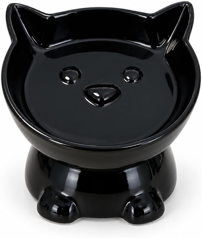getmeev Seramik Kedi Köpek Mama ve Su Kabı – Kabartmalı Kedi Köpek Figürlü Eğimli ve Yükseltilmiş Mama Kabı, Boyun ve Omurgayı Destekleyen Ergonomik Tasarım, Kolay Temizlenebilir(Siyah Figürlü)