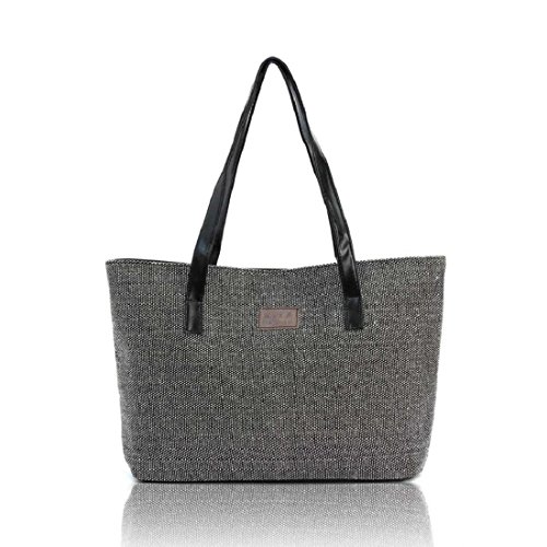 Tongshi Las mujeres forman a bolso de la lona bolsas de hombro compras de lino totalizadores ocasionales (Negro)