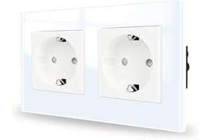 JIMEIDA Podwójne gniazdo wtykowe ze szkła w kolorze białym, podtynkowe, 2 gniazda Schuko, styk ochronny, gniazdko ścienne, 16 A, 250 V, 157 mm x 86 mm