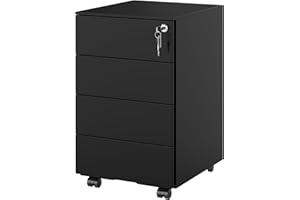 KIMENICH cassettiera scrivania con 4 cassetti, 4 ruote, preassemblato, con serratura, cassettiera metallo con cartelloni sospesi, per documenti, cancelleria, armadietto stampante, nero