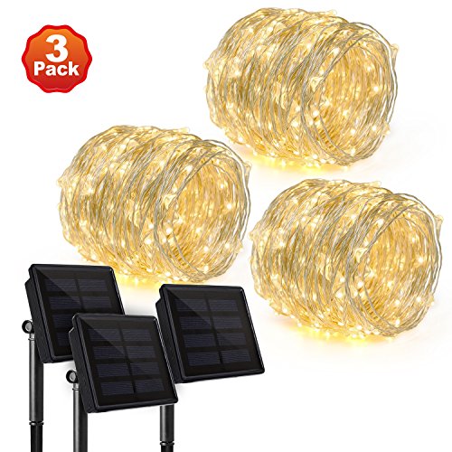 Preisvergleich Produktbild 3 Packs Rophie Solar Lichterkette 200 LED 22 Meter Gartenlichter Kupferkabel Wasserdichte Lichterketten Innen Außen Dekolichter für Weihnachten Partys Gärten Hochzeiten Aussen Dekoration, Warmweiß