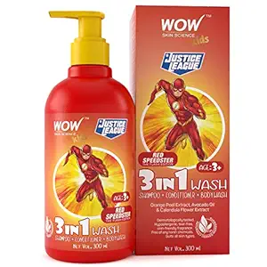WOW Skin Science Kids 3 in 1 Wash - Shampoo + Conditioner + Body Wash - Red Speedster Flash Edition - No Parabens, Color, Mineral Oil, Silicones & Sulphate - 300mL