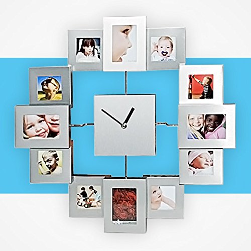 Wanduhr silber mit 12 Bilderrahmen
