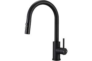 Hapilife Black Kitchen Taps with Pull Out Spray Single Lever Pull Down Kitchen Mixer Taps 1 Hole Swan Neck Sink Mixer Tap 360° Swivel Spout Faucet Stainless Steel