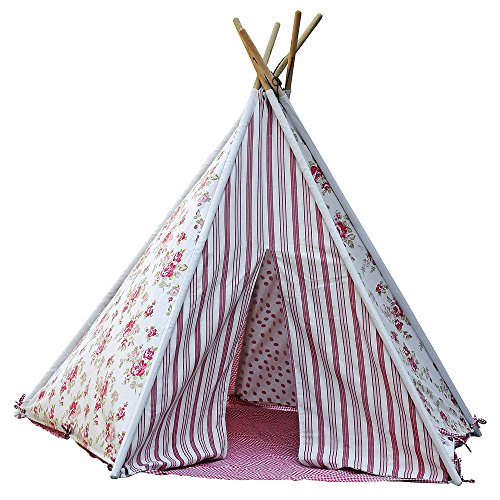 HAB & GUT (ZK001) TEEPEE – hochwertiges Stoffzelt für Kinder, Blumenmuster pink/weiss, Höhe 135 cm, 183 cm – Holzstangen, Baumwolle, Indoor - 2