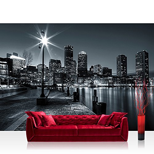 Vlies Fototapete 400x280 cm PREMIUM PLUS Wand Foto Tapete Wand Bild Vliestapete - New York Tapete Laterne Nacht Skyline Lichter Fluss schwarz - weiß - no. 843