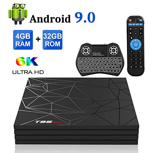 Android TV Box, T95 MAX Android 9.0 TV Box 4GB RAM/32GB ROM Quad-Core Supporto 2.4Ghz WIFI 6K Smart TV Box con Wireless Mini Tastiera