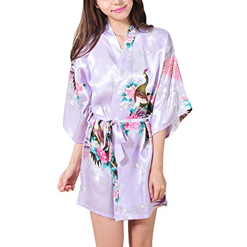 Preisvergleich Produktbild Waymoda Women Luxury Silky Satin Evening Dressing Gown, Ladies Peacock and Blossoms Pattern Kimono Pajamas, 10+ Color, 4 Sizes Optional - Short style