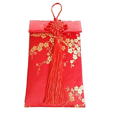 BOCHION 2 Pièces Rouge Poche Tissu Broderie Hongbao Chinois Paquet Argent Argent Cadeau De Mariage Nouvel An Bouton Gland Lucky Argent Enveloppe (2 pièces fleur de prunier vertical)