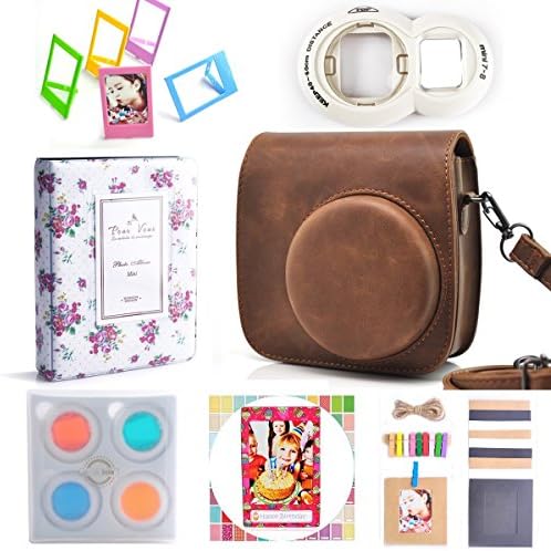 Instax Mini 8 Instant Film Camera 7-In-1 [Starter Pack] Accessories Bundles For Fujifilm Instax Mini 8 Camera (Include Instax Mini 8 Case/ Mini Photo Album/ Close-Up Selfie Lens/ 4 colord Close-Up Filter / Wall Hang Photo Frames/Muti-Color 3 Inch Film Frame/ Film Stickers)-Brown Set