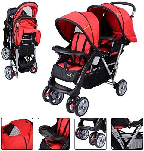 New For Baby Foldable Twin Baby Double Stroller Kids Jogger Travel Infant Pushchair Red- PUNER Store by PUNER Store