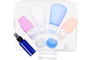 BELICOO Butelki podróżne na przybory toaletowe, szczelne silikonowe pojemniki do wielokrotnego napełniania z etykietami i przezroczystymi torebkami na szampon, odżywkę, balsam i przybory toaletowe (10