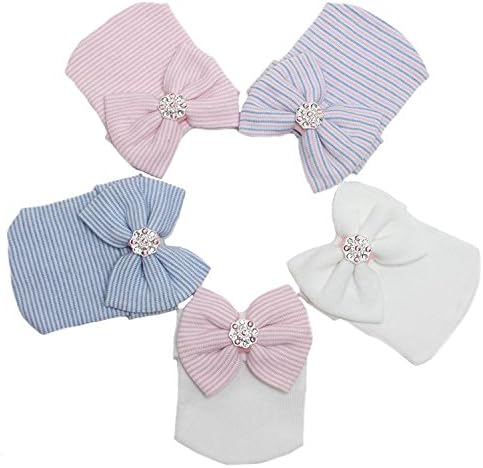 Angumo 5pcs Sparkle Gem Newborn Baby Girl Nursery Beanie Hospital Hat With Bow