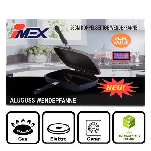 Imex Doppelpfanne aus Aluminiumguss mit Xylan Plus Beschichtung | Alupfanne zum Grillen und Braten, die Wendepfanne ø 28 cm rechteckig | Cift Tava Çift Tarafli Kokusuz Izgara