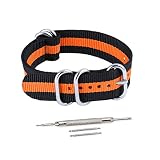 VINBAND Unisex Zulu Nylon Uhrenarmband mit Edelstahl Silberne Schnalle 22mm Schwarz Orange Streifen
