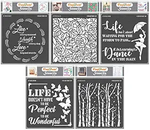 CrafTreat Words Stencils for Painting - Life Quotes Bundle - Size: 6X6 Inches (5Pcs) - Quotes Stencils for Craft and Art - Home Decor Quotes for Wall Hanging - Reusable Bundle Stencils