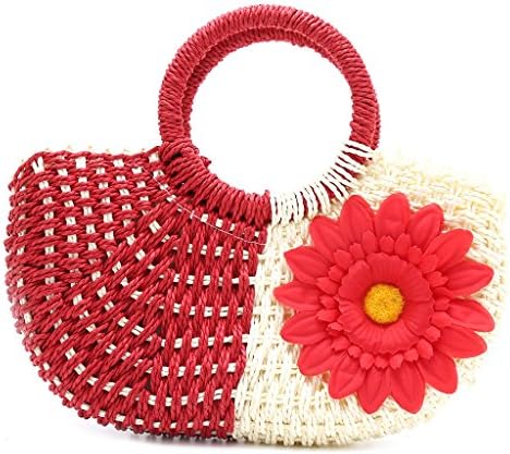 UncleS Ladies Women Handbag with Zipper, Flower Straw Tote Shopper Bags, Satchel Shoulder Bags, Messenger School Bag for Beach Party Shop Summer (Red)