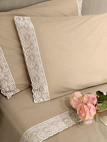 Vintage Shabby Chic Farmhouse Bed Sheet Set with Lace - Sheet Set , Fitted Sheet , Flat Sheet &amp; Pillow Pair - Lace - 250x300 + 180x200 + 2 Pillowcases 50x80 - Taupe - 100% Cotton
