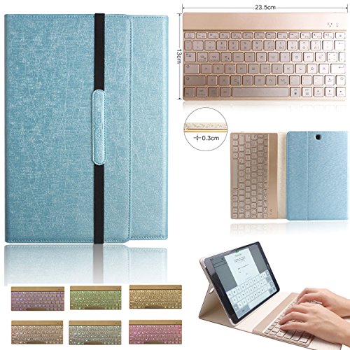 BORIYUAN Samsung Galaxy Tab A 9.7 Bluetooth Tastatur (Deutsche QWERTZ) Hülle Keyboard Case-Smart Cover Leder Schutztasche mit Alu abnehmbar Bluetooth Tastatur für Samsung Galaxy Tab A 9.7 T550N / T555N, unterstützten 7 farbige Hintergrundbeleuchtung(Blau)