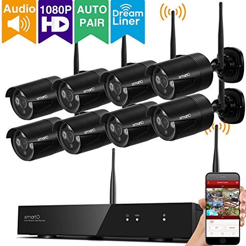 Preisvergleich Produktbild [Audio / Mikrofon unterstützt] xmartO WPS2088, kabellos Videoüberwachung set Sicherheitskamera system, Bewegungserkennung, 8 Kanal, mit 8x 1080p (2Mega Pixel,1920x1080) HD Innen / Außen IP funk WiFi wetterfest Kamera (Nachtsicht 25m, Plug and Play, Smartphone Remote View)