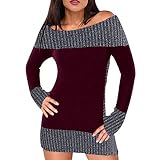 Xmiral Damen Pullover Top Schulterfrei Gestreifte Farbblock Frauen Knöpfe Gestricktes Minikleid (S,Wein)