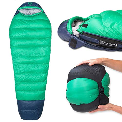 Paria Outdoor Products Saco de Dormir Tipo Momia Thermodown, a 0 Grados - Clima frío Ultraligero, Bolsa para 4 Estaciones Camping y Viajes de mochileros (Largo)