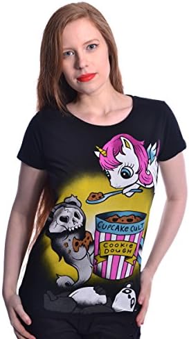 Cupcake Cult Cookie Bear Unicorn Kawaii T-Shirt Tee - Black (XL - UK 16)