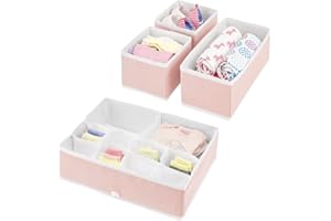 mDesign 4er-Set Kinderzimmer Aufbewahrungsbox – stilvolle Stoff Aufbewahrungskisten in verschiedenen Größen – Kinderschrank Organizer aus atmungsaktiver Kunstfaser – hellrosa/weiß