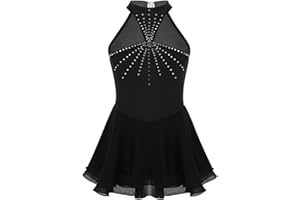 TiaoBug Vestito da Pattinaggio Artistico Bambina Abito da Balletto Body da Ballo Ballerina Skating Danza Ginnastica Leotard con Strass Tutu Senza Maniche 5-14 Anni