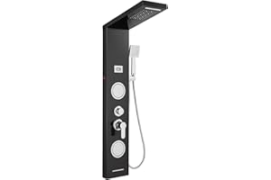 ROVOGO LED Colonne Panneau de Douche Hydromassante Noir avec Mitigeur et Affichage de la Température, 5 Modes - Douche de Cascade, Pluie, Douchette, Jets de Massage, Bec de Baignoire, Acier Inox