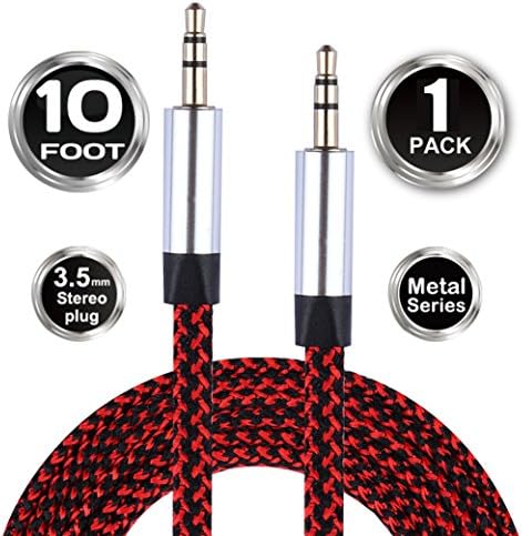 HelloEdge 10ft Stereo Audio AUX Cable Male to Male 3.5mm Nylon Braided Auxiliary Cable with Gold Plated Connectors for Apple, Android Smartphone, Tablet and MP3 Players (1 Pack) (Red)