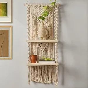 Decazone Macrame Wall Hanging Shelf Bohemian Decor Hand Knotted Cotton Rope Boho 2 Shelves for Living Room Kids Room Balcony Office Beige 73 L x 36 W