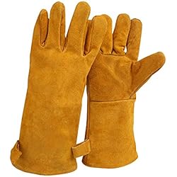 Nuzamas 1 paire de gants de soudure, 35 cm/34,8 cm Longueur de l'épaule Split Vachette, doublé en mousse, Rouge Long pour MIG, TIG Soudeurs, BBQ, jardinage, camping, Réchaud, cheminée
