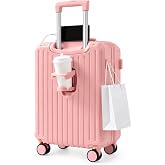 WYDEAZ Cabin Suitcase with Cup Holder Rigid Hand Luggage with Mobile Holder, Double Lock and 360&deg; Wheels, pink, Cabin Suitcas
