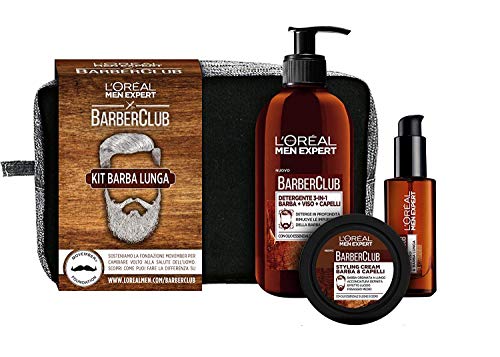 L'Oréal Paris Men Expert Barber Club, Pochette con Detergente 3-In-1 Barba-Viso-Capelli, Olio Disciplinante e Styling Cream, Ottimo per Barba Lunga