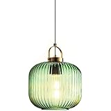 HJXDtech Modern Lovely Green Striped Glass Lampshade Pendant Light Brass Finish Ceiling Drop Light Premium Retro E27 Loft Bar Hanging Lamp (M)
