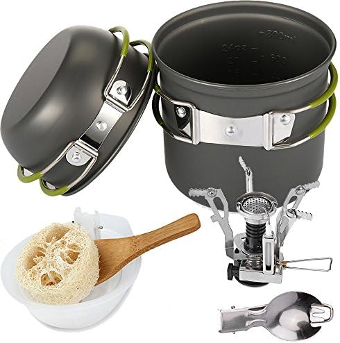 TANBURO Camping Cookware Kit for Outdoors Backpacking Gear &amp; Hiking Cooking Equipment 9 Pieces Cooking set - Compact &amp; Durable Non-stick Pots, Gas Stove etc